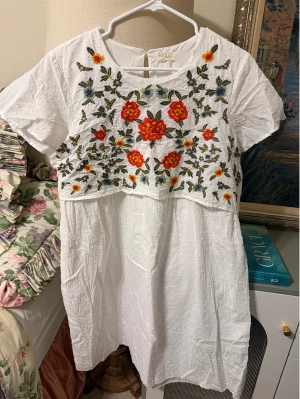 Roolee White Floral Embroidered Dress Cottagecore Nursing Friendly Dress